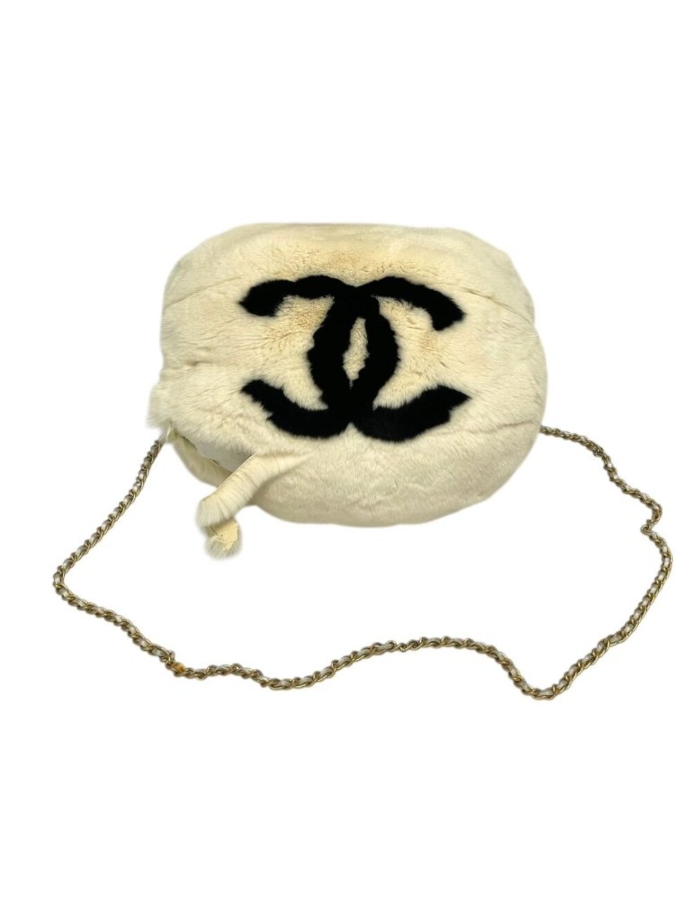 Chanel Hand Warmer Arm Rabbit Fur White Black Gold Gloves
